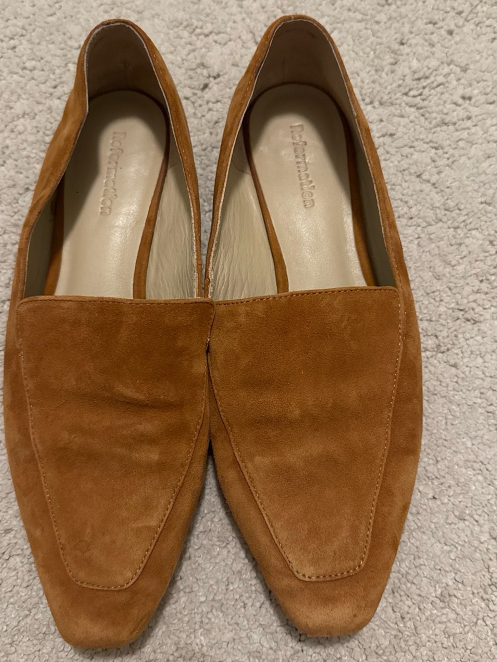 Reformation Suede Pointed-Toe Loafers in Cognac Brown